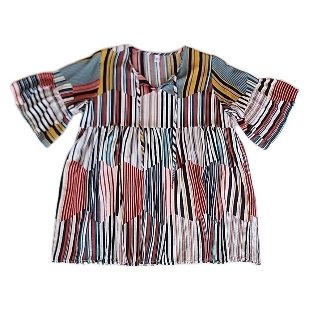 Womens Striped Patchwork Tunic Sz 3XL Bell Sleeve Boho Festival Hippie‎ Peasant